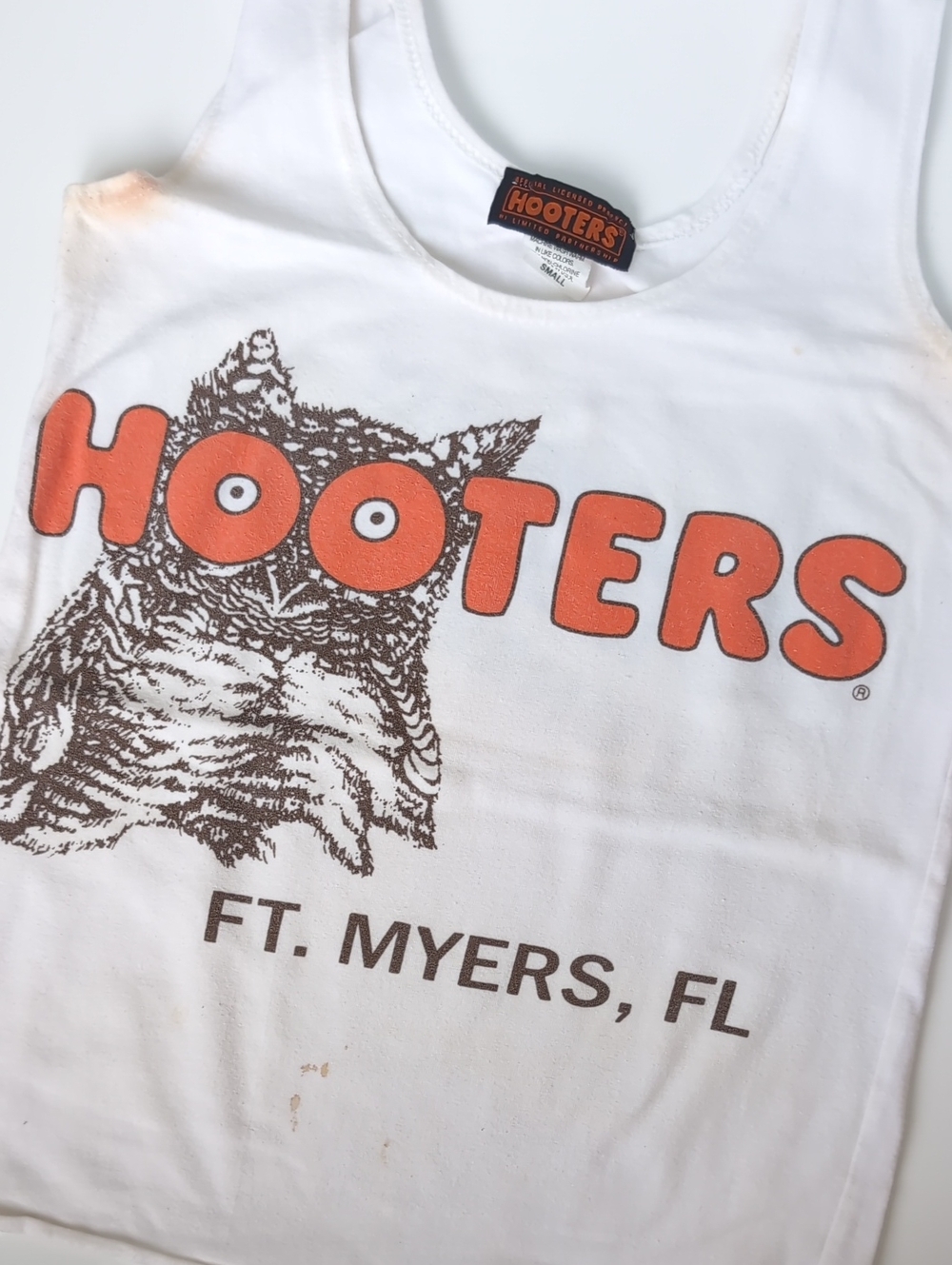Hooters White Tank Top with Orange Logo and Brown Owl Graphic Vintage